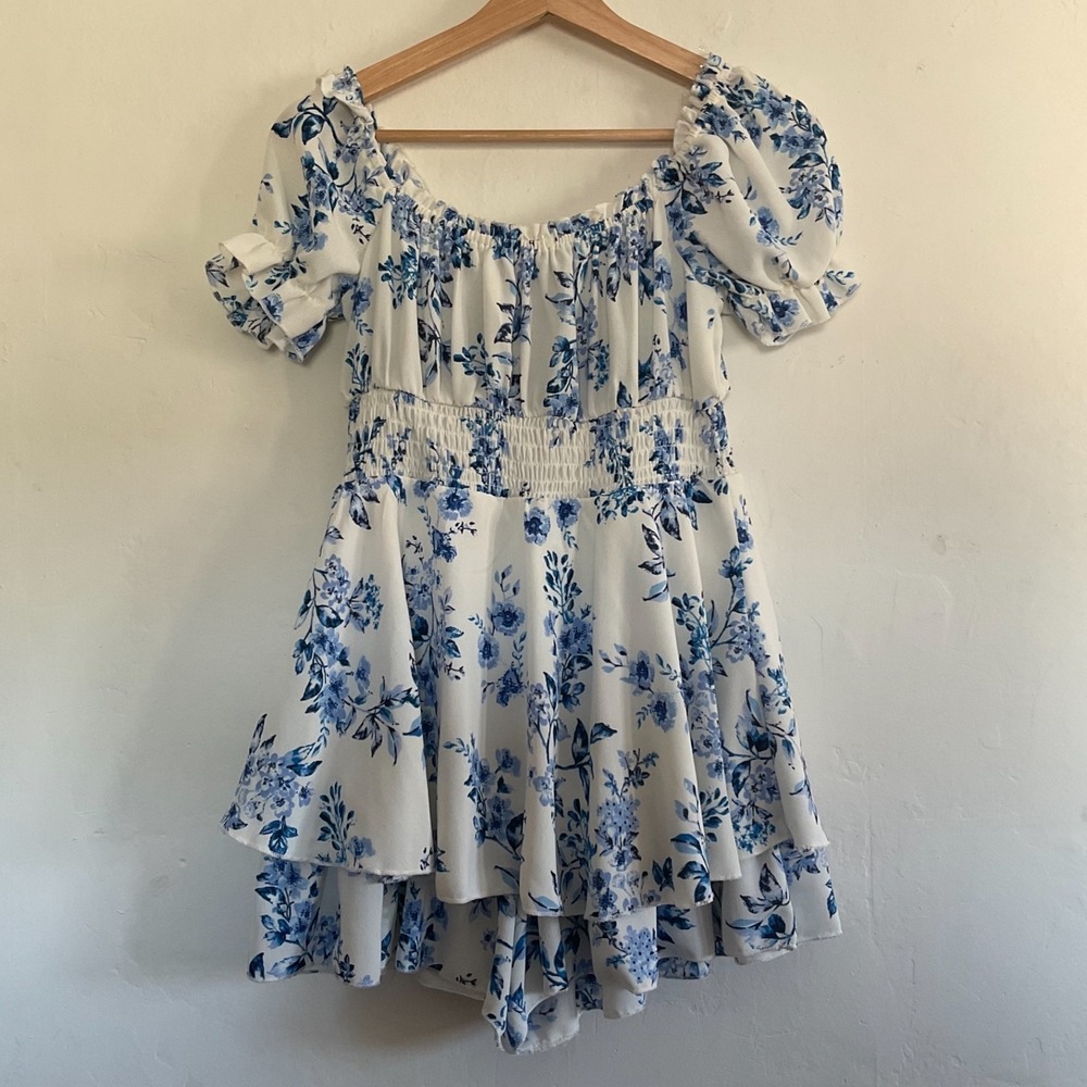 Inspired Hearts Y2K Baby Doll Romper Floral Toile Blue Fairy Milkmaid Chiffon Sm
